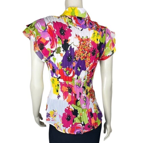 NWT Cathaya's Slimming S/S Blouse w/Colorful Floral Ruffles & Pleated Bodice SzM - Picture 5 of 15